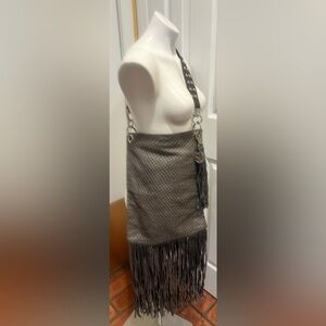 Stella & Jamie Grey Woven Leather Shoulder Hand Bag w/ Fringes
